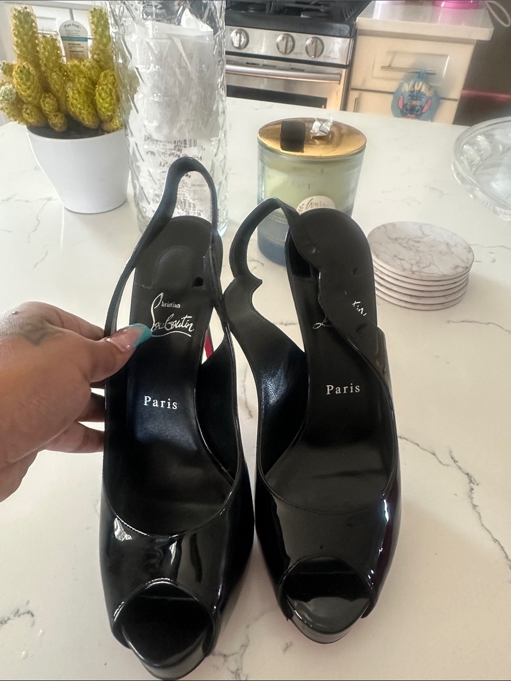 Christian Louboutin Black Patent Peep-Toe Slingback Heels with Subtle Red Soles